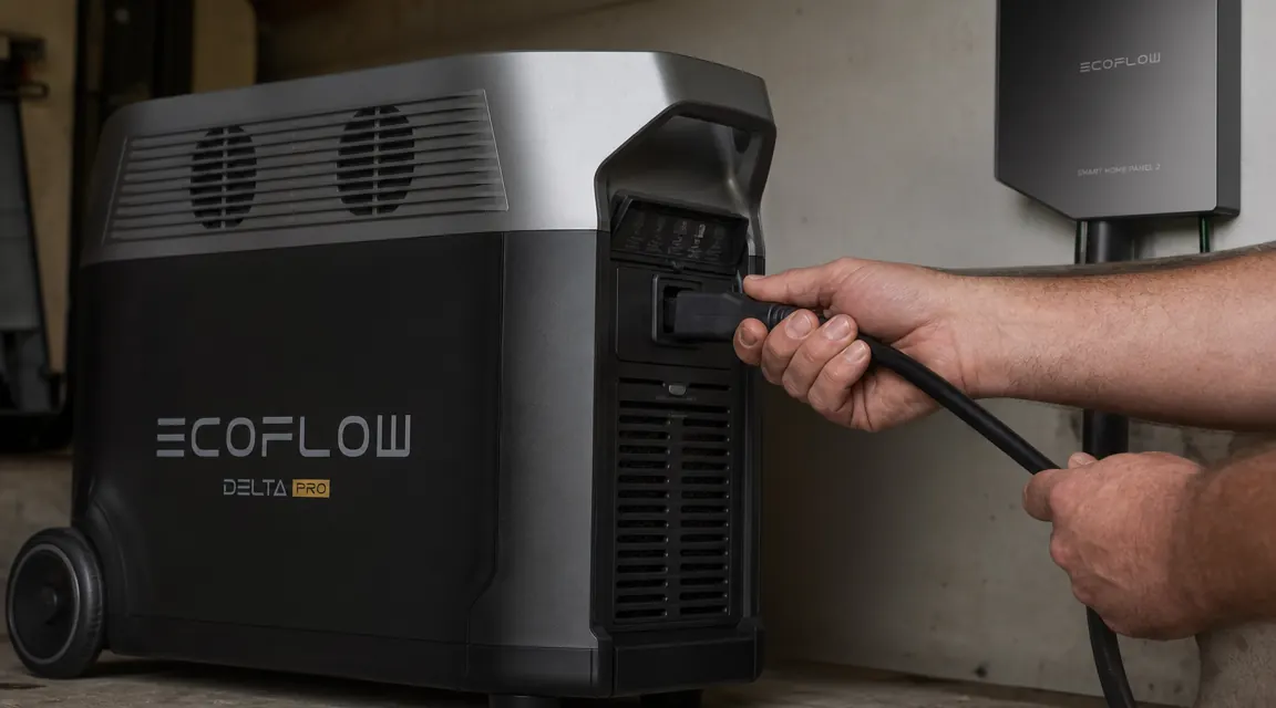 Hands connecting the EcoFlow Delta Pro AC input cable to a Smart Home Panel 2 unit mounted on a garage wall