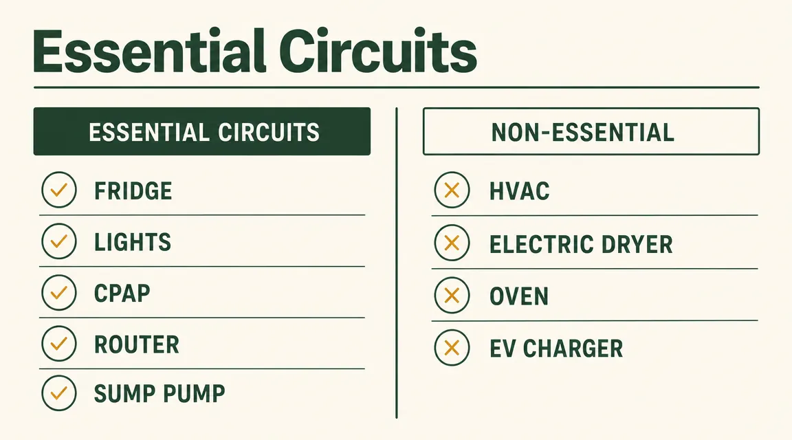Diagram showing essential circuits on the left branch and non-essential circuits on the right branch of a home breaker panel