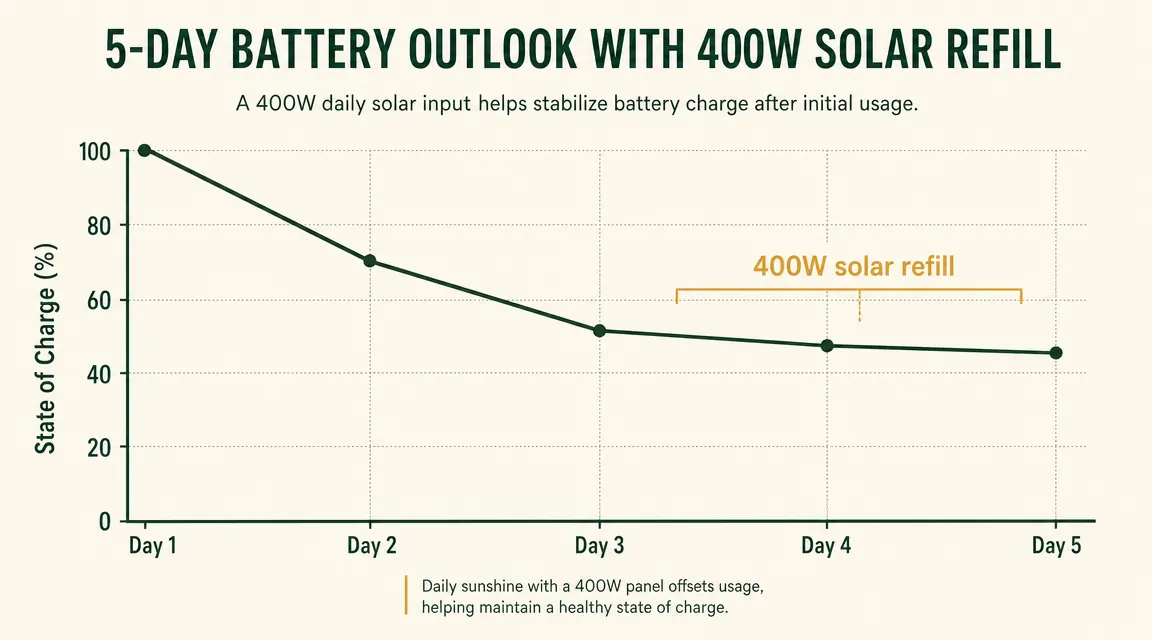 Chart showing EcoFlow Delta Pro state of charge over five cloudy days with 400W solar input holding steady above 40 percent