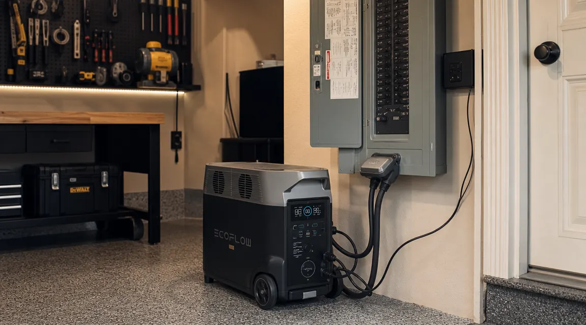 EcoFlow Delta Pro sitting on a garage floor next to a home electrical panel, ready for whole-home backup use