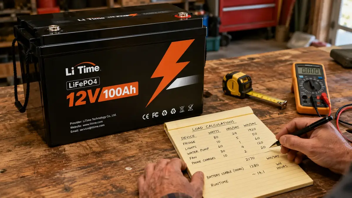 LiTime 12V 100Ah LiFePO4 battery on a workbench next to a notepad showing watt-hour calculations