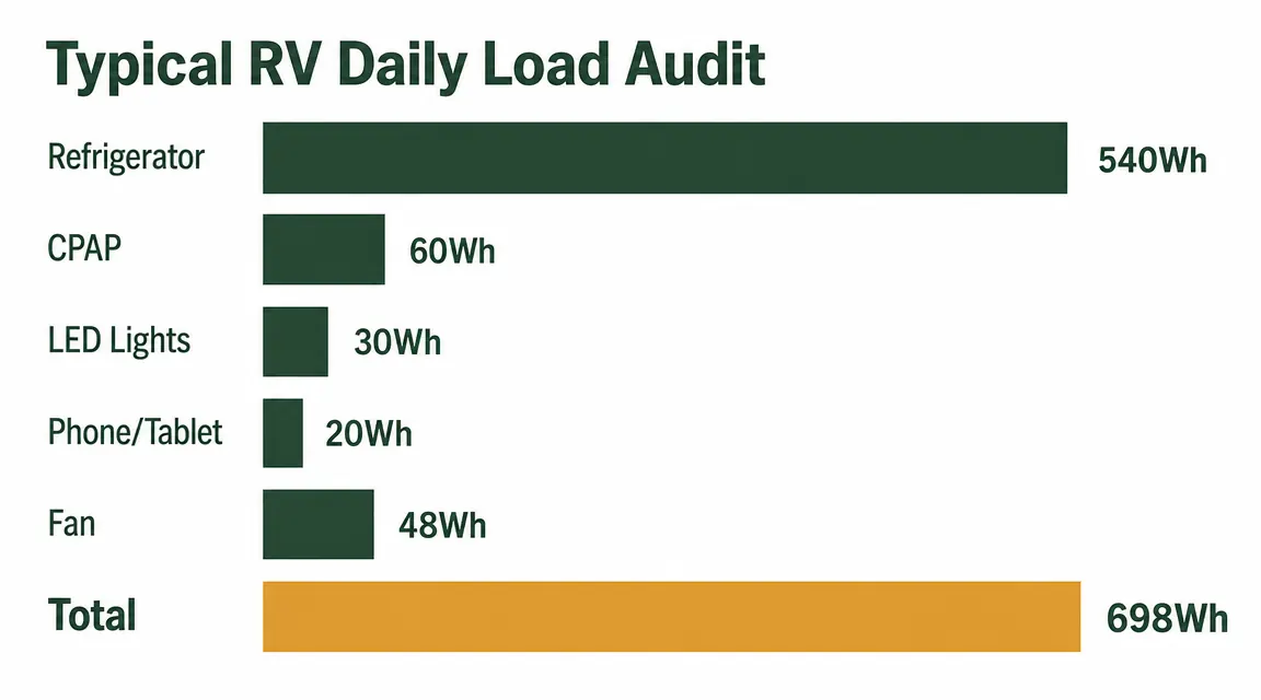 Chart showing daily watt-hour load breakdown for a typical RV: refrigerator, lights, fan, phone charging, and CPAP