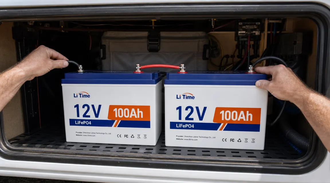 Two LiTime batteries wired in parallel on a shelf inside an RV battery compartment