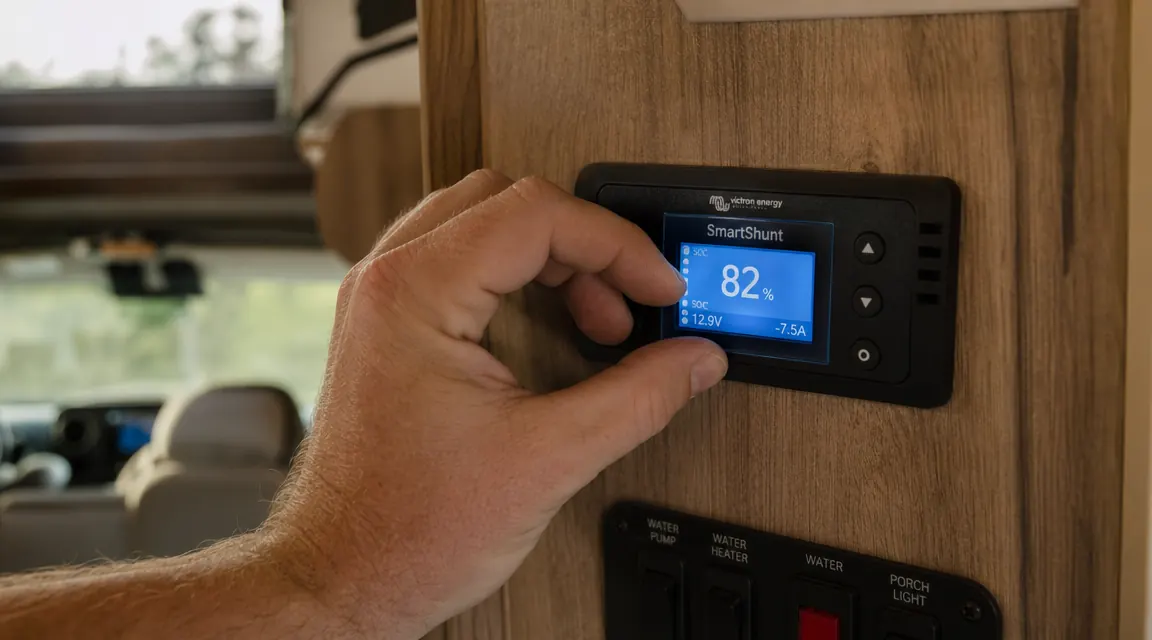 Person checking a battery monitor display mounted inside an RV showing state of charge at 82 percent