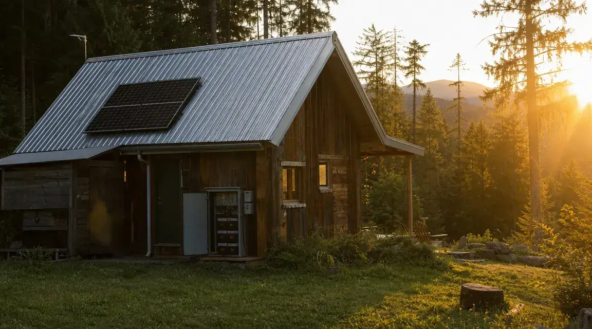 Off-grid cabin exterior with two LiFePO4 batteries visible through an open equipment box, forest in the background at dusk