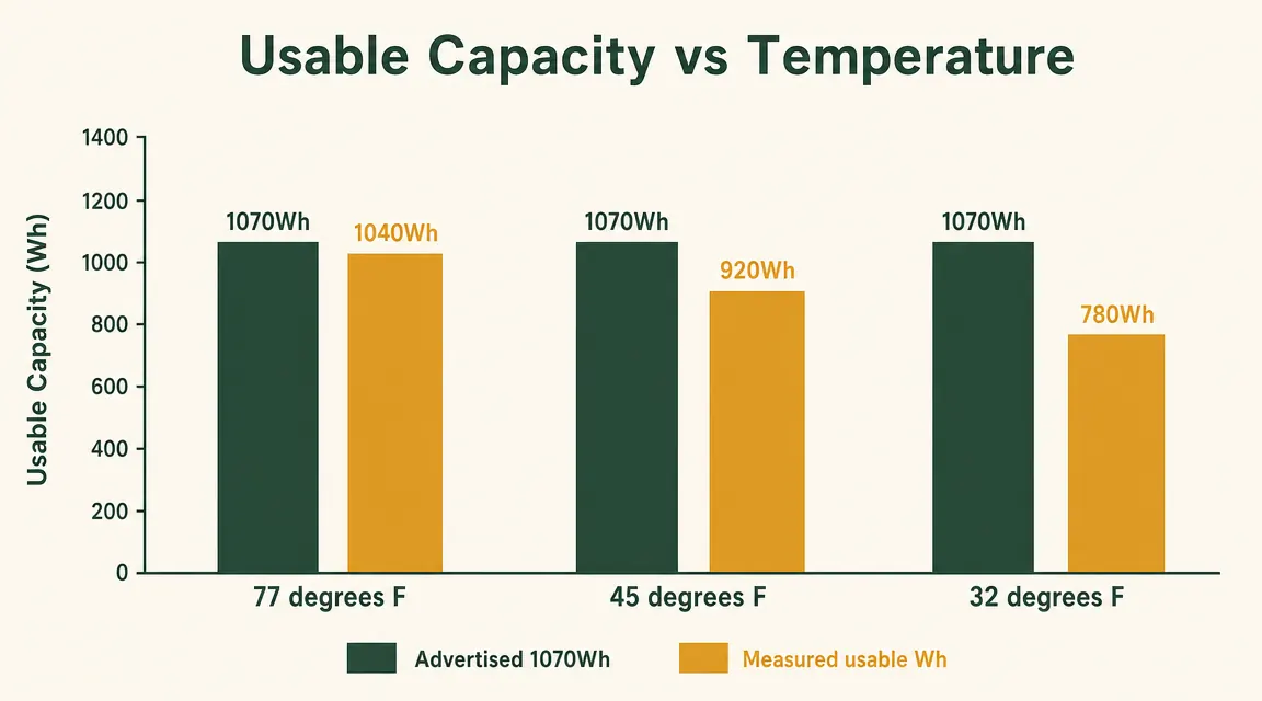 Bar chart comparing advertised 1070Wh capacity to measured usable capacity at three temperatures: 77F, 45F, and 32F