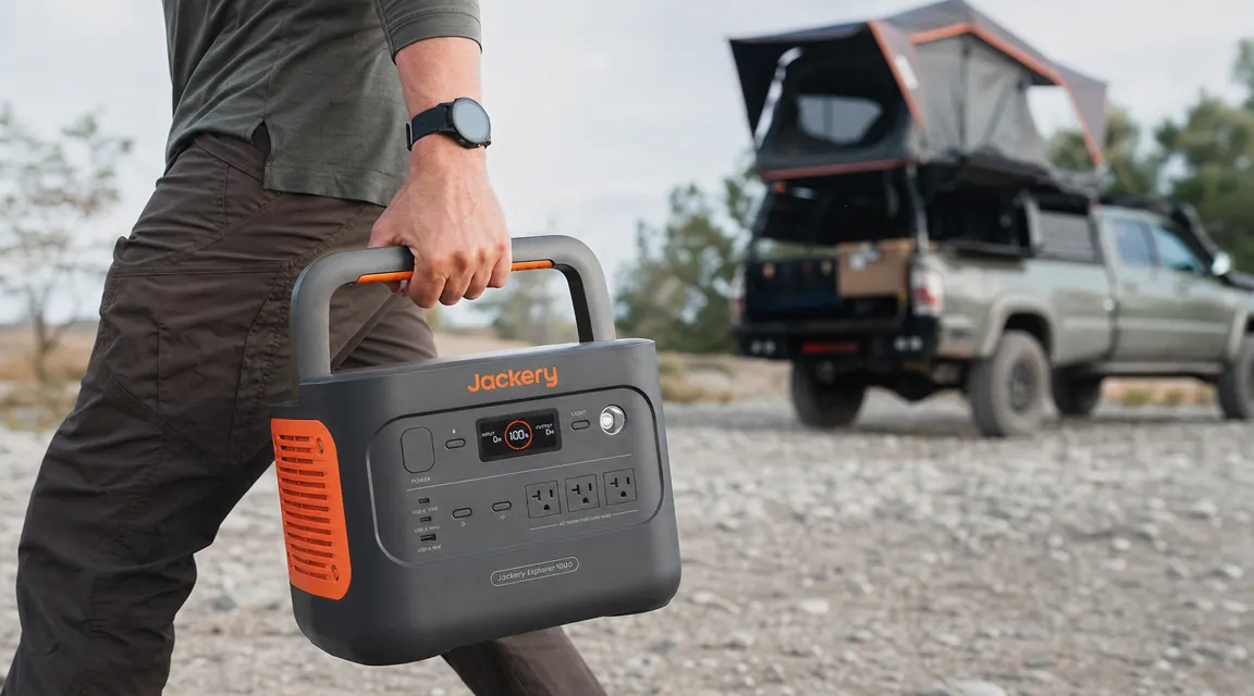 Jackery Explorer 1000 v2 being carried by a handle across a gravel campsite with a truck and rooftop tent in the background