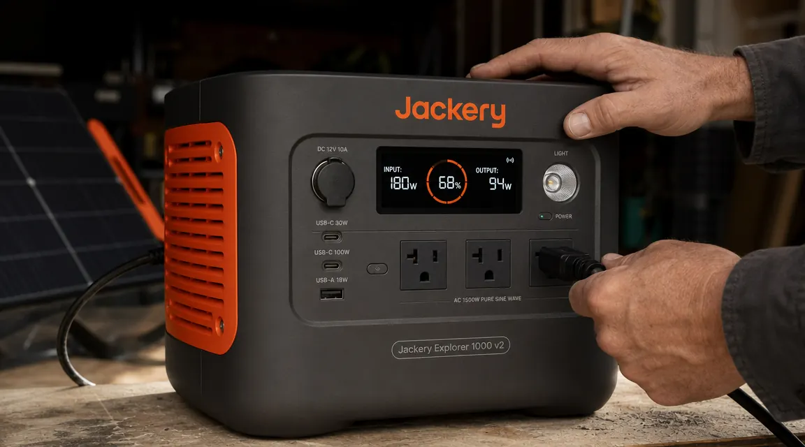 Close-up of the Jackery Explorer 1000 v2 display screen showing battery percentage, input wattage from solar, and output wattage to connected devices
