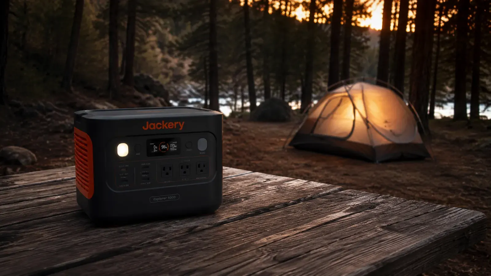 Jackery Explorer 1000 v2 power station sitting on a picnic table at a forested campsite at dusk, lights on inside a nearby tent