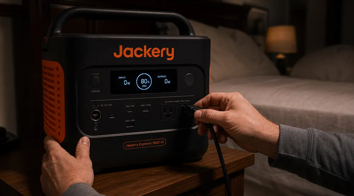 Hand plugging a CPAP machine cord into the AC outlet on the Jackery Explorer 1000 v2 in a dimly lit bedroom