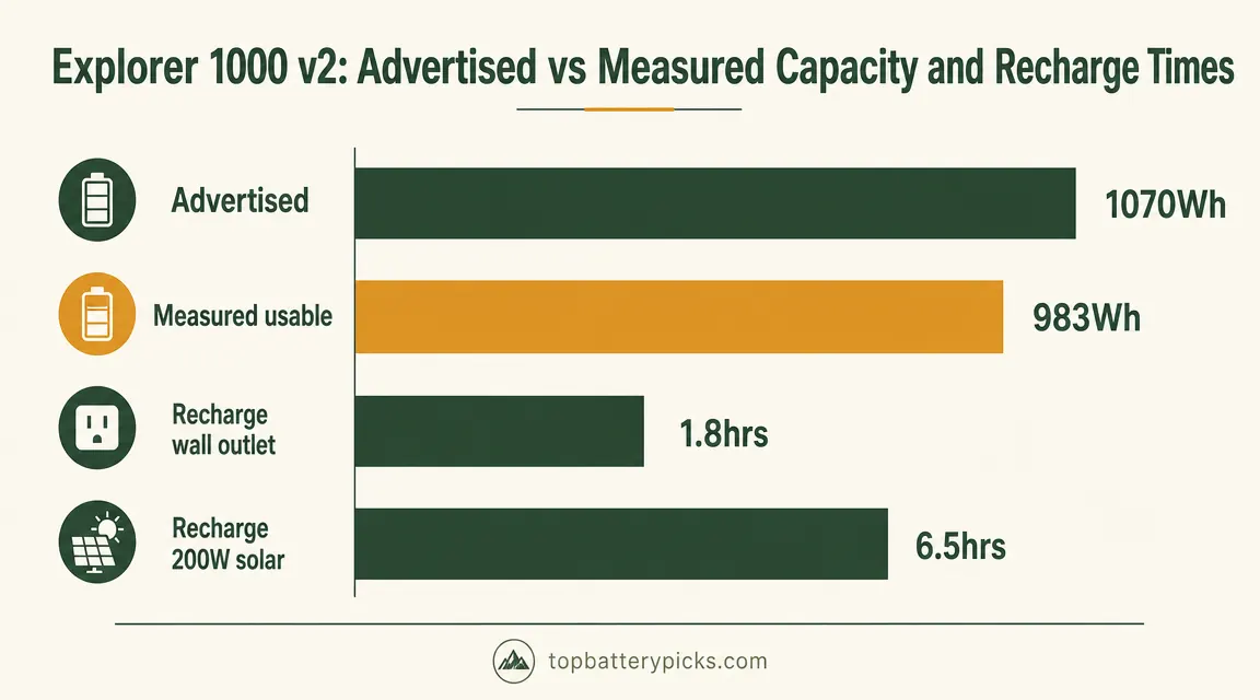 Chart showing Jackery Explorer 1000 v2 measured usable capacity at 983Wh compared to advertised 1070Wh, and recharge times from wall outlet versus solar panel