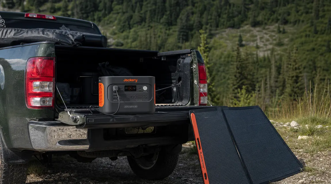 Jackery Explorer 1000 v2 sitting on the tailgate of a truck with a folded solar panel and camp chairs visible in the background