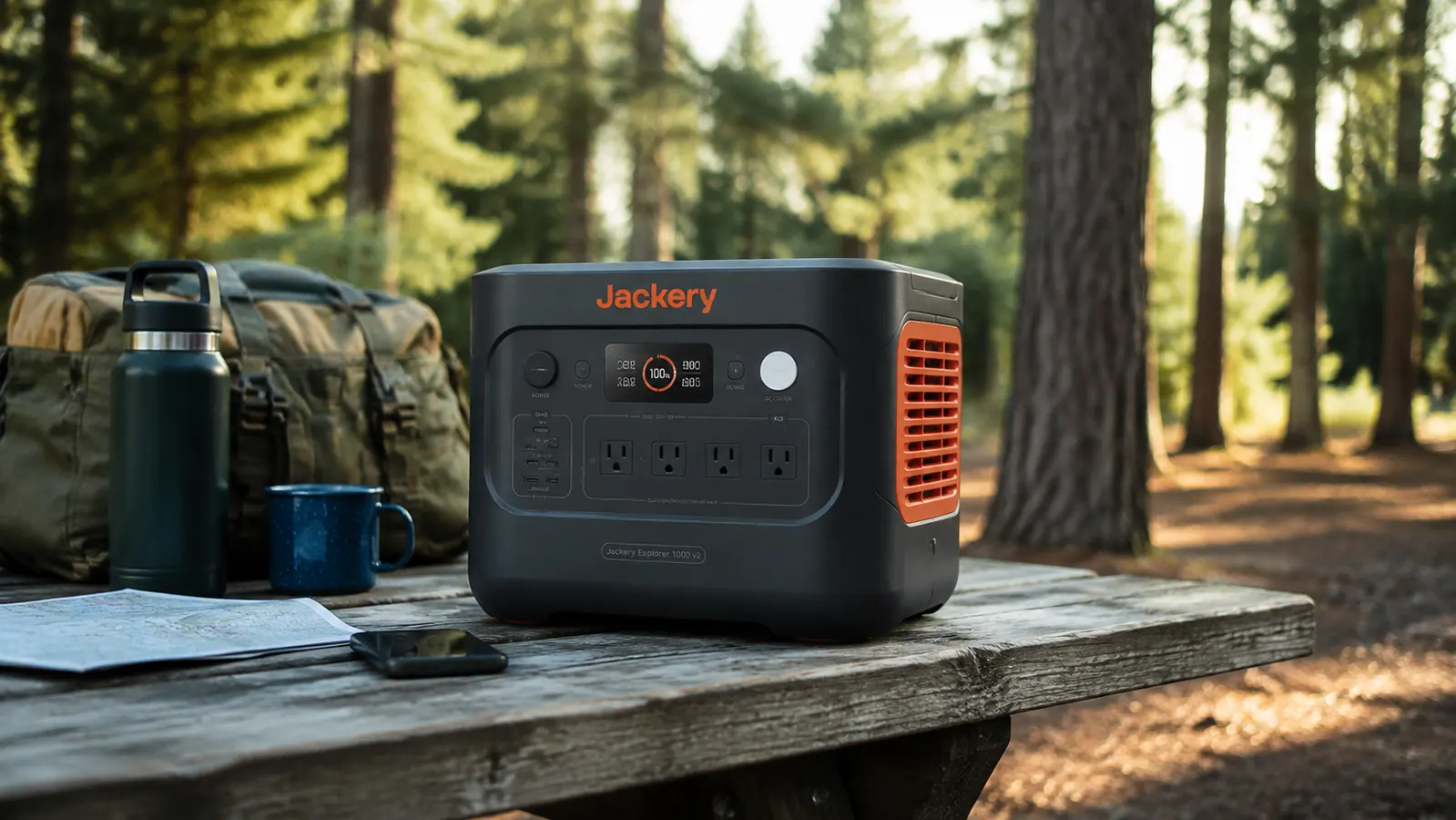 Jackery Explorer 1000 v2 power station sitting on a picnic table at a campsite at dawn with pine trees in the background
