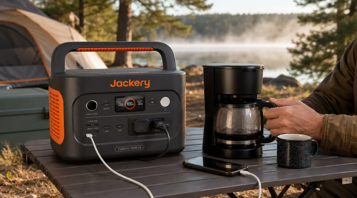 Jackery Explorer 1000 v2 powering a camp coffee maker and phone charger simultaneously