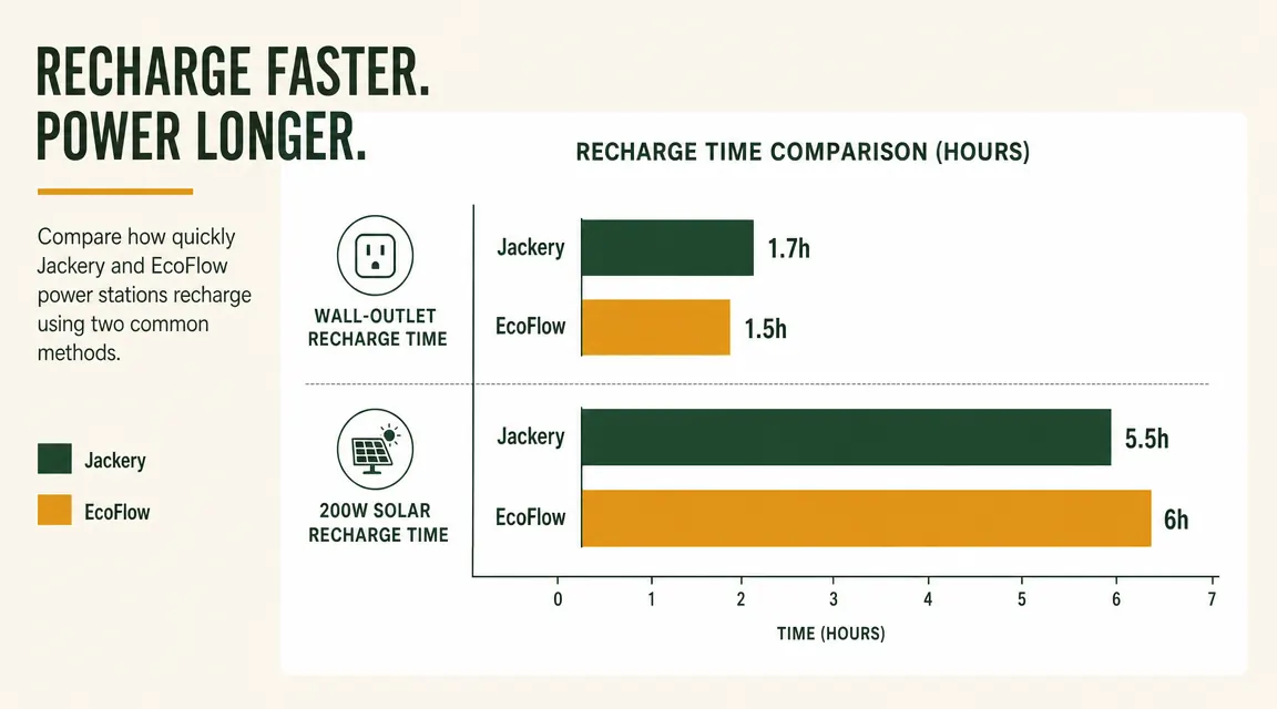 Bar chart comparing recharge times for Jackery Explorer 1000 v2 versus EcoFlow Delta 2 from wall outlet and solar