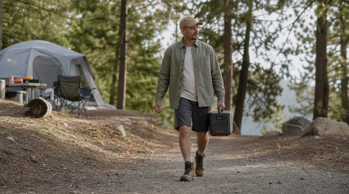 Person carrying a portable power station by its top handle through a campground path