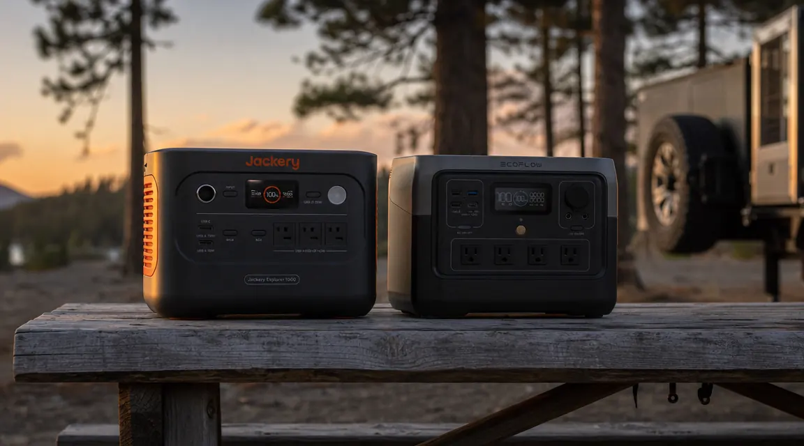 Two portable power stations side by side on a campsite picnic table at dusk, forest in background