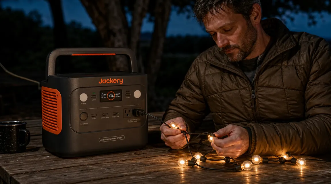 Jackery Explorer 1000 v2 on a picnic table with a string of LED camp lights plugged in and glowing