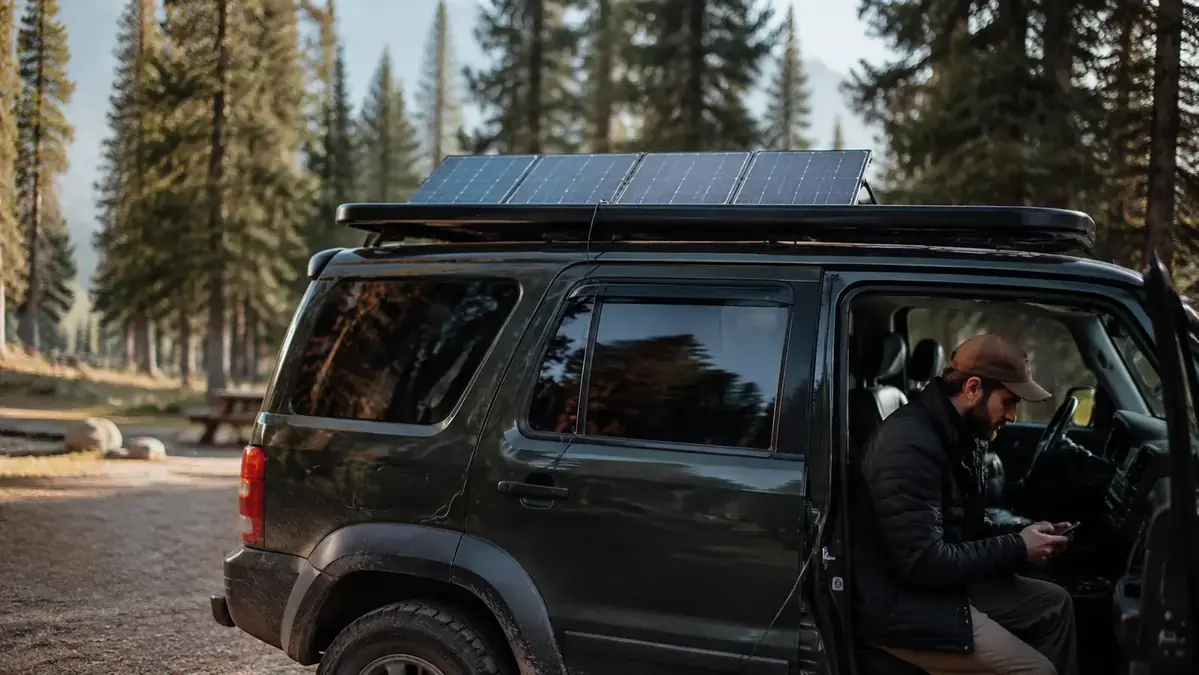Solar panel laid flat on the roof of an SUV at a campsite, charging cable running to a power station inside the vehicle