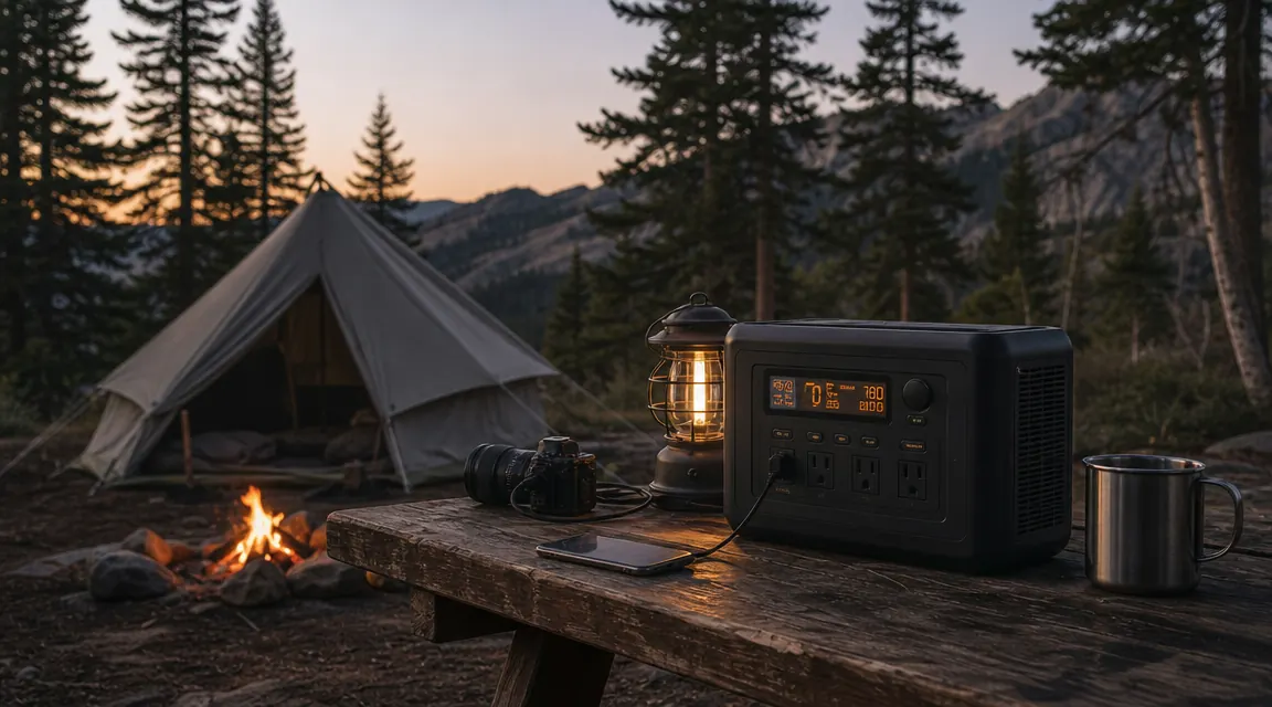A tent camping setup at dusk with a portable power station glowing on a picnic table, surrounded by trees