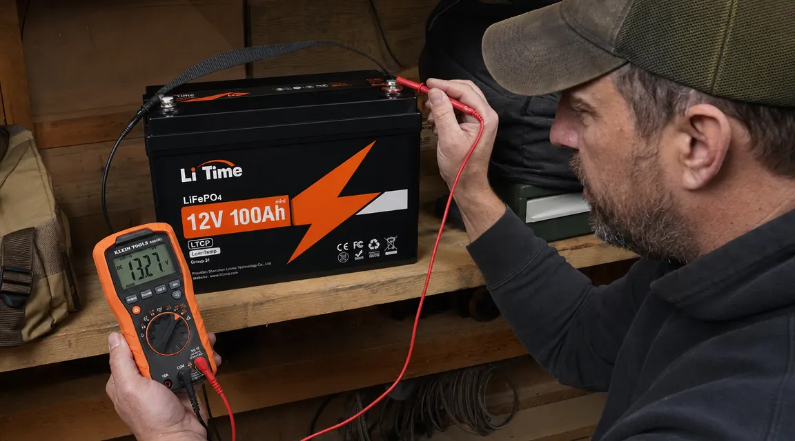 Hand holding a multimeter probe against the positive terminal of a LiTime LiFePO4 battery during a voltage check
