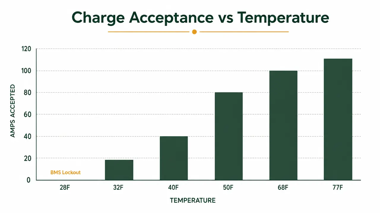 Chart showing LiTime 100Ah battery charge acceptance rate versus ambient temperature from 32F to 77F