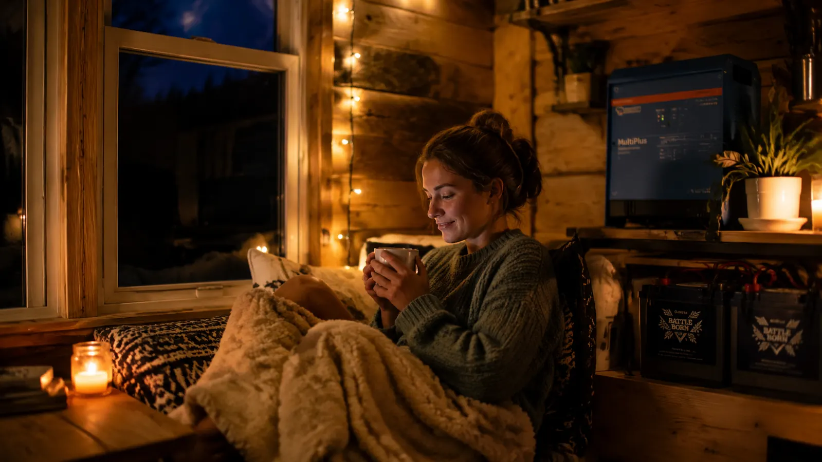 Off-grid cabin interior at night with LED lights and a small inverter powered by a battery bank