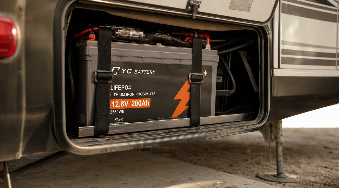 LiTime 12V 100Ah LiFePO4 battery installed in an RV battery compartment with visible terminal connections