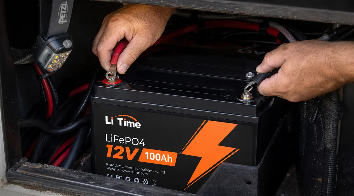 Hands connecting ring terminals to a LiTime 100Ah battery terminal block inside an RV battery compartment