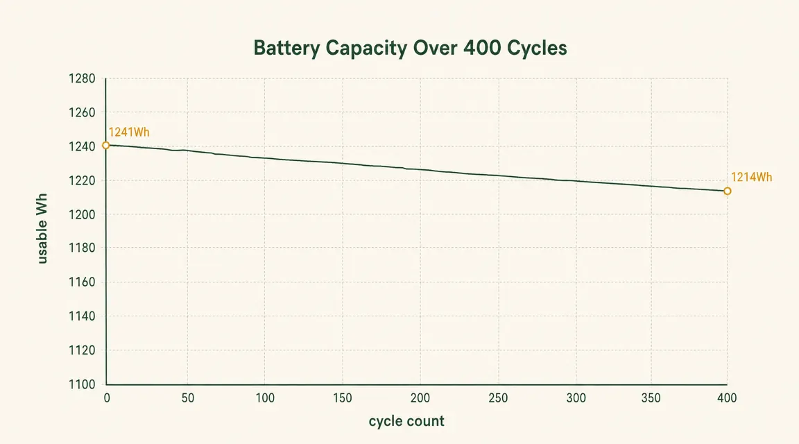 Chart showing LiTime 100Ah battery usable capacity in Wh measured over 400 cycles compared to nominal 1280Wh rating