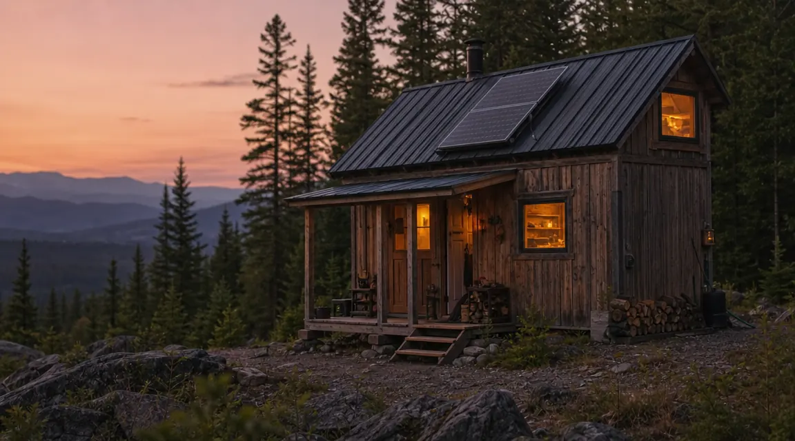 Off-grid hunting cabin at dusk with a solar panel on the roof and warm light coming from inside the windows