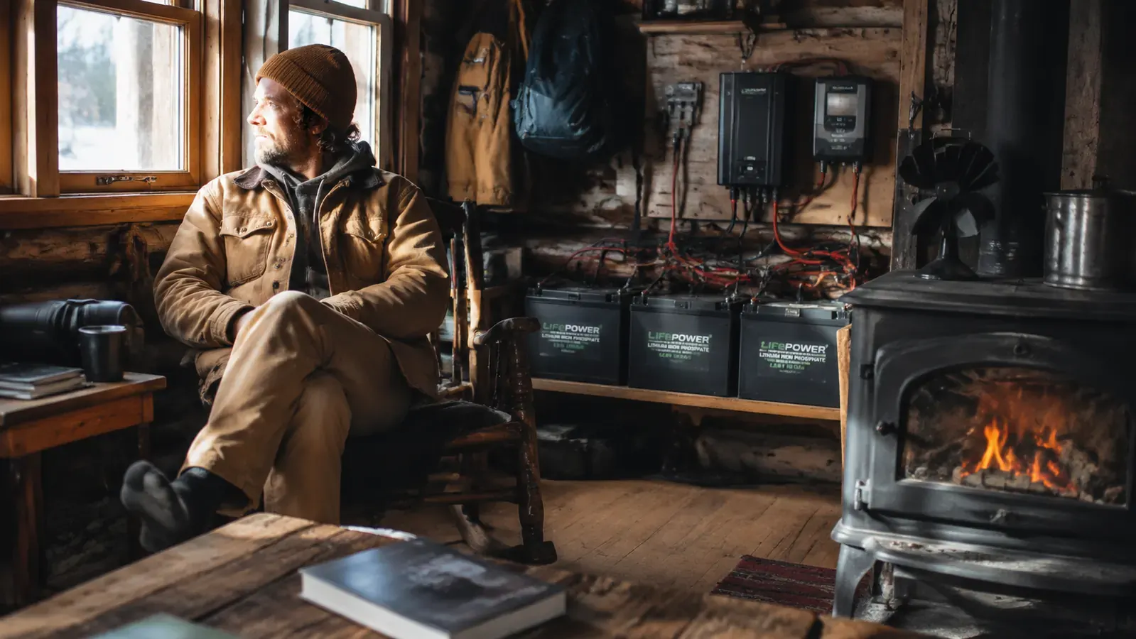 LiTime 12V 100Ah LiFePO4 battery sitting on a workbench next to solar charge controller wiring in a wood-paneled off-grid cabin