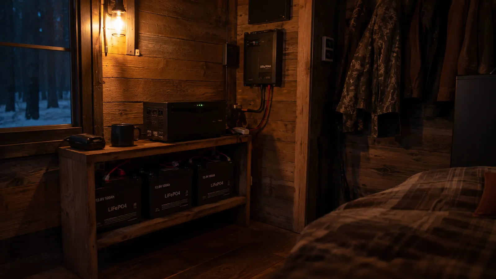 Off-grid cabin interior with lights on and LiFePO4 battery bank visible on a low shelf