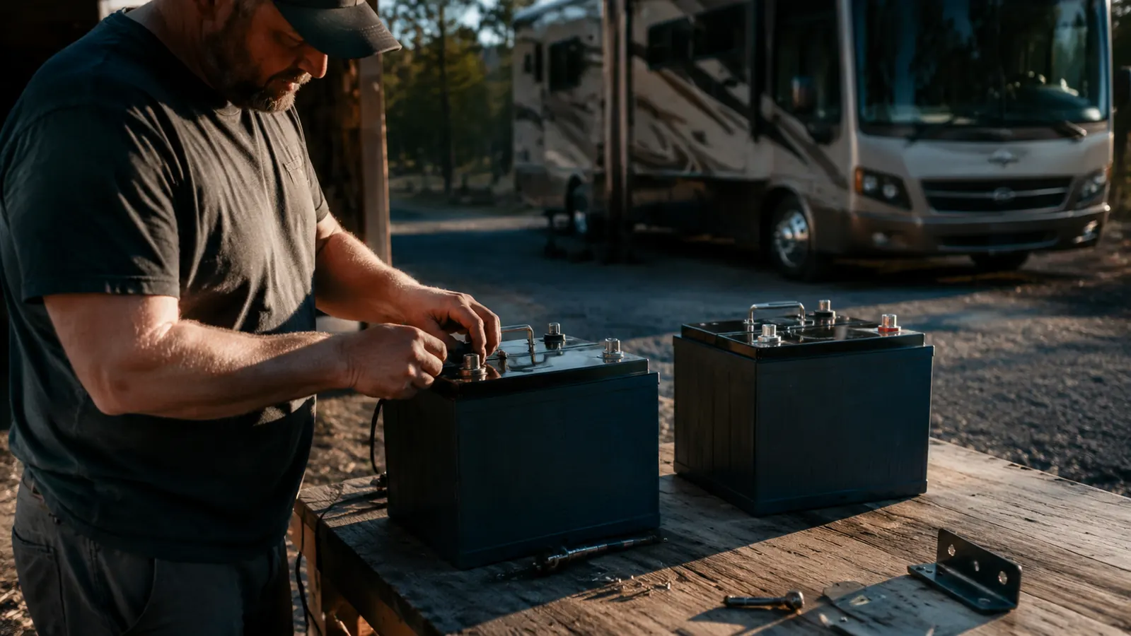 Two 12V 100Ah LiFePO4 batteries side by side on a workshop bench with RV in background