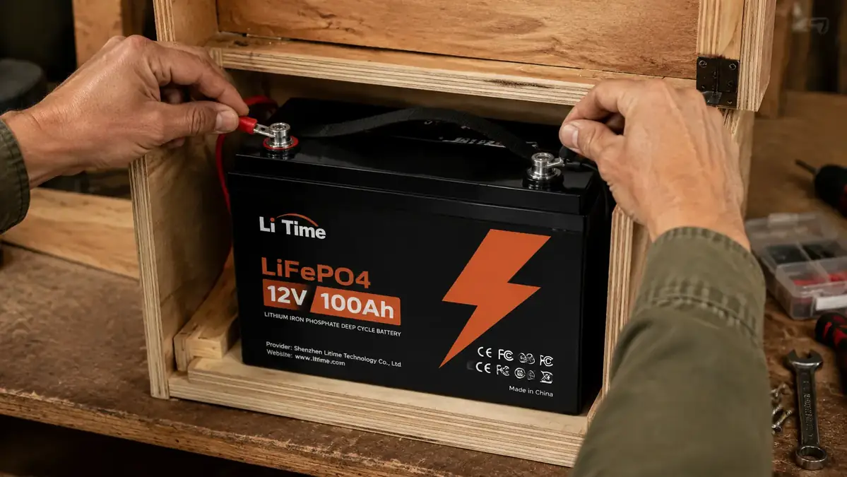 LiTime 12V 100Ah LiFePO4 battery being connected with heavy-gauge copper cable inside a plywood battery box