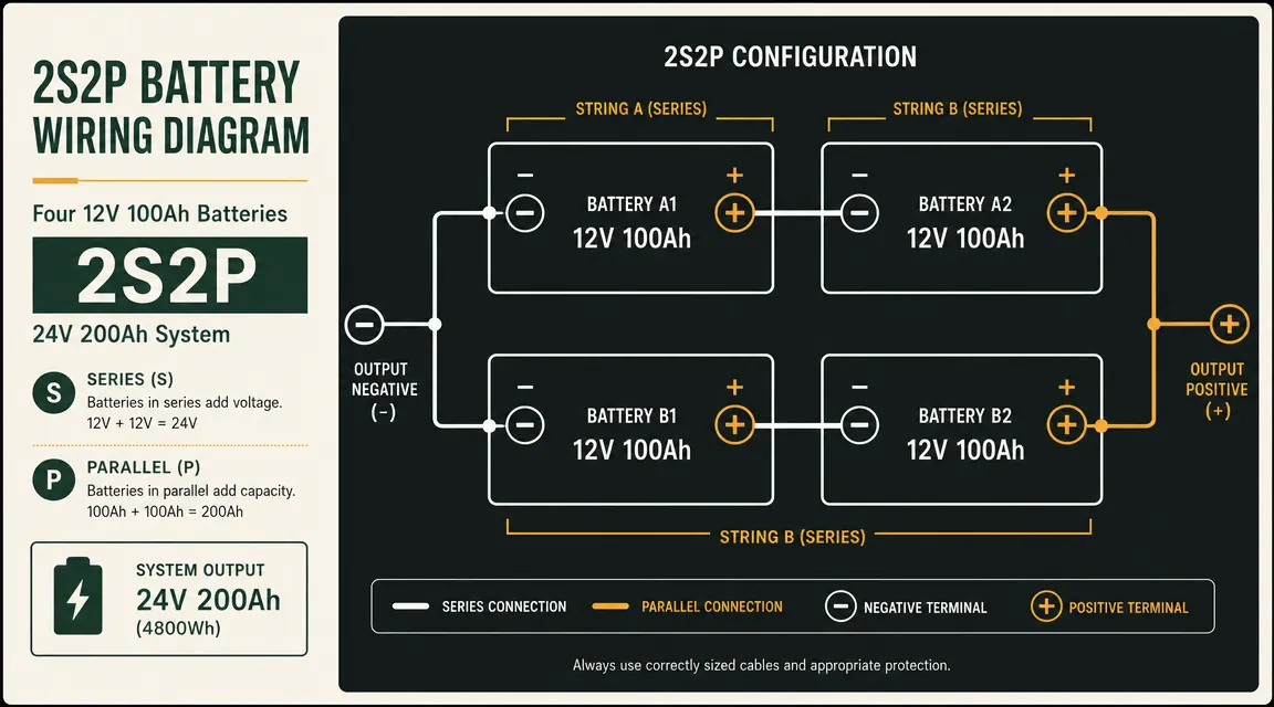 Diagram showing four 12V 100Ah batteries wired in a 2S2P configuration to produce 24V at 200Ah