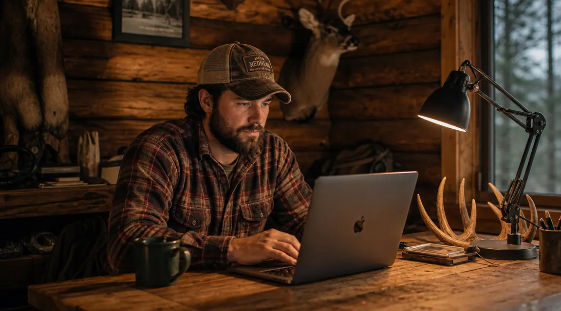 Hunter sitting at a small cabin table with a laptop and coffee mug, reading lamp on, relaxed evening atmosphere