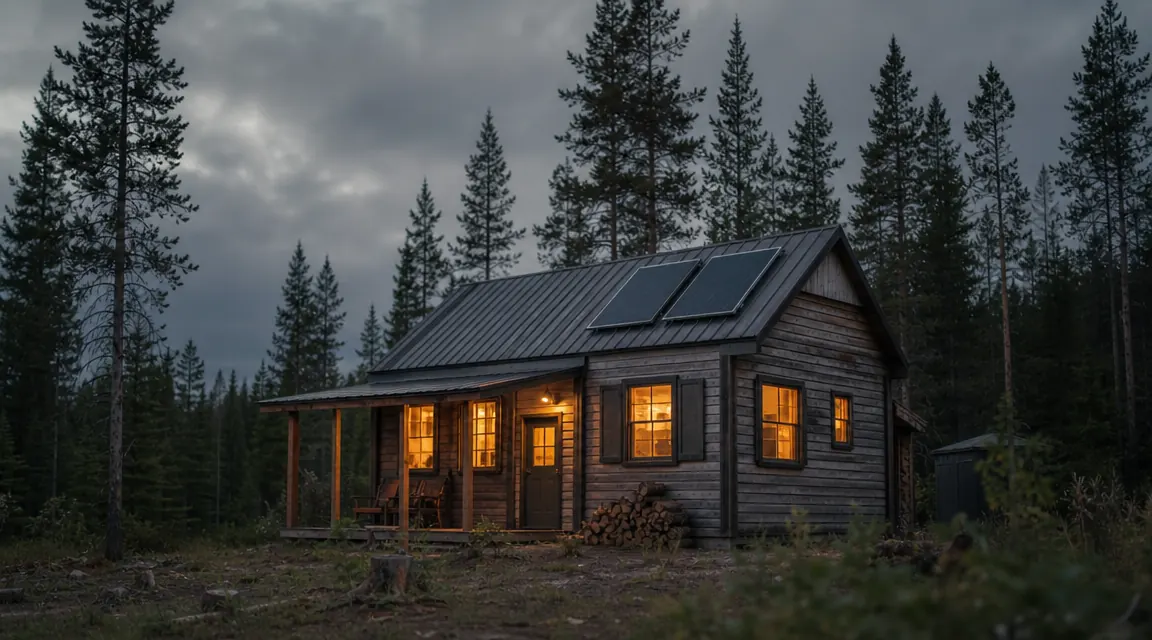 Small off-grid hunting cabin at dusk with warm interior lights glowing through the windows, solar panels visible on the roof