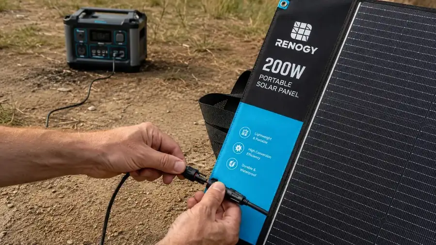 Close-up of a hand connecting an MC4 connector to the solar panel output cable, Jackery power station visible in background