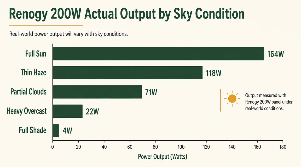 Bar chart comparing Renogy 200W actual solar output across five sky conditions from full sun to heavy overcast