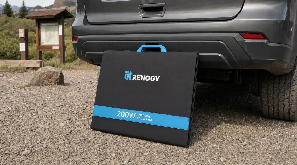 Renogy 200W panel folded flat leaning against an SUV tailgate, showing the handle and carry strap