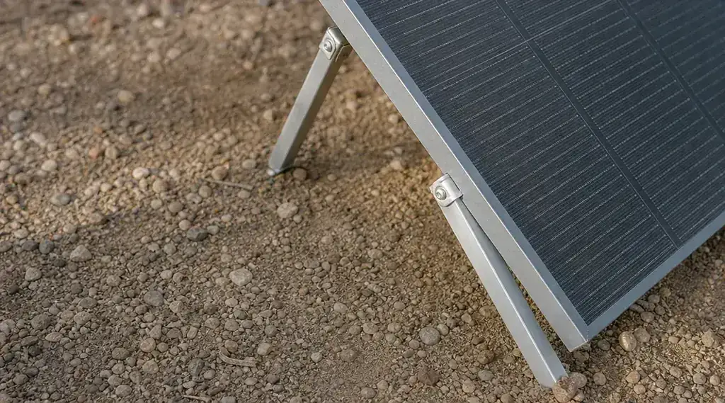 Overhead view of the Renogy panel kickstand mechanism showing aluminum leg angle and hinge hardware