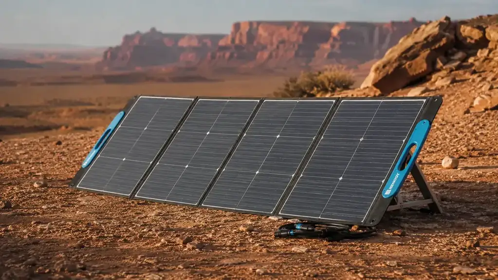 Renogy 200W foldable solar panel open and angled toward afternoon sun in a dry campsite clearing, no people visible