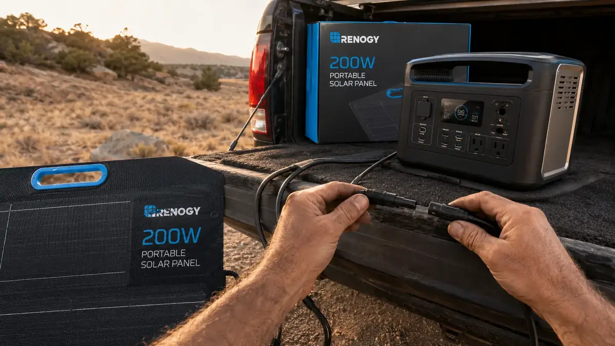 Hand connecting MC4 connector from Renogy 200W solar panel to portable power station on tailgate
