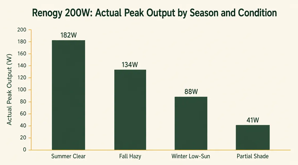 Chart showing Renogy 200W panel actual watt output across summer, fall, and winter conditions