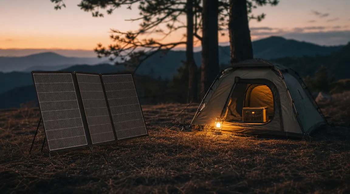 Renogy 200W solar panel propped at angle on kickstands beside a tent at dusk, power station visible in tent doorway
