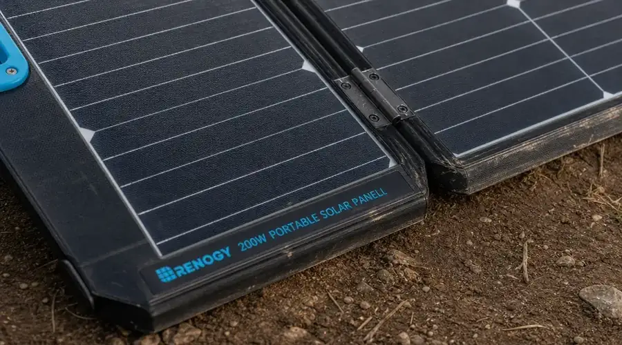 Close-up of Renogy 200W panel hinge and folded corner showing build quality after months of use