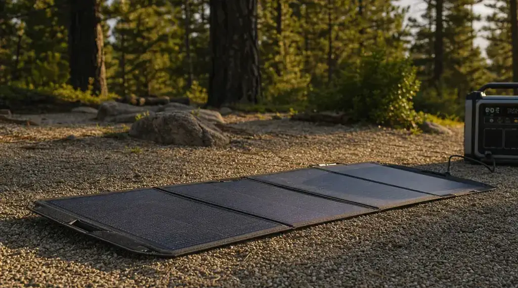 Renogy 200W foldable solar panel open on gravel campsite, morning sun angled low, pine trees in background