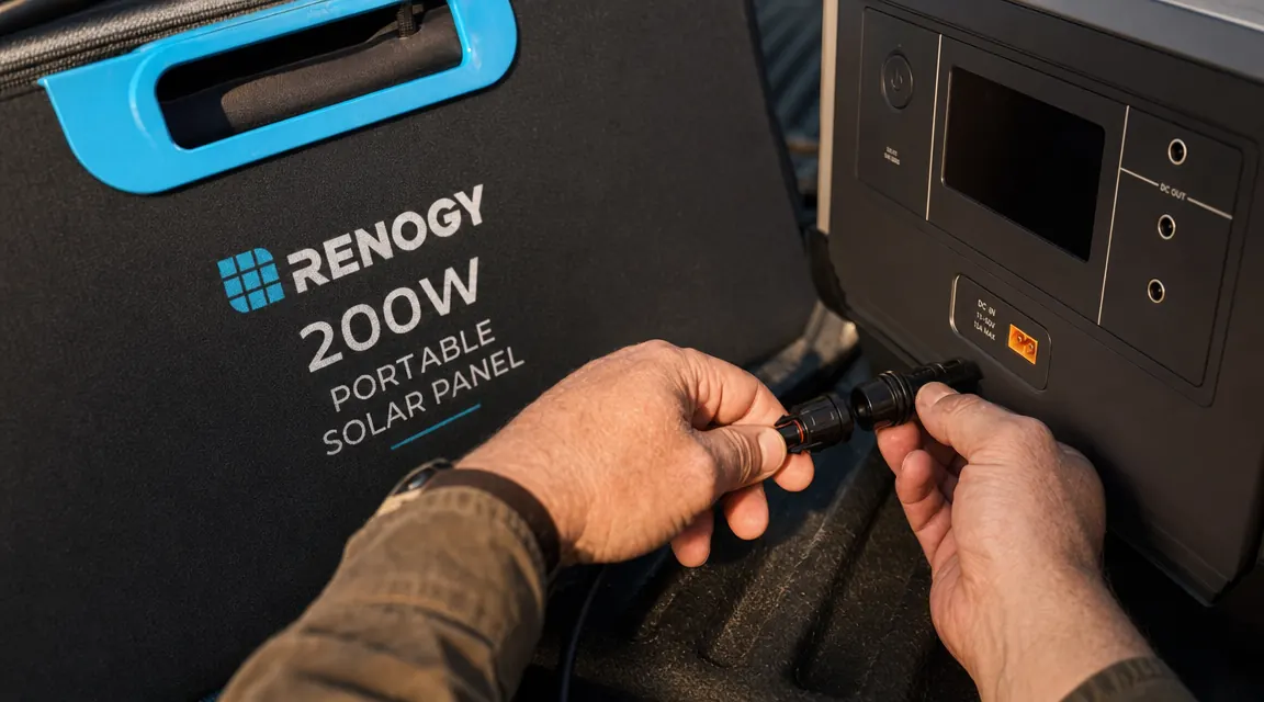 Hands connecting an MC4 cable from the Renogy 200W panel to a portable power station in a truck bed