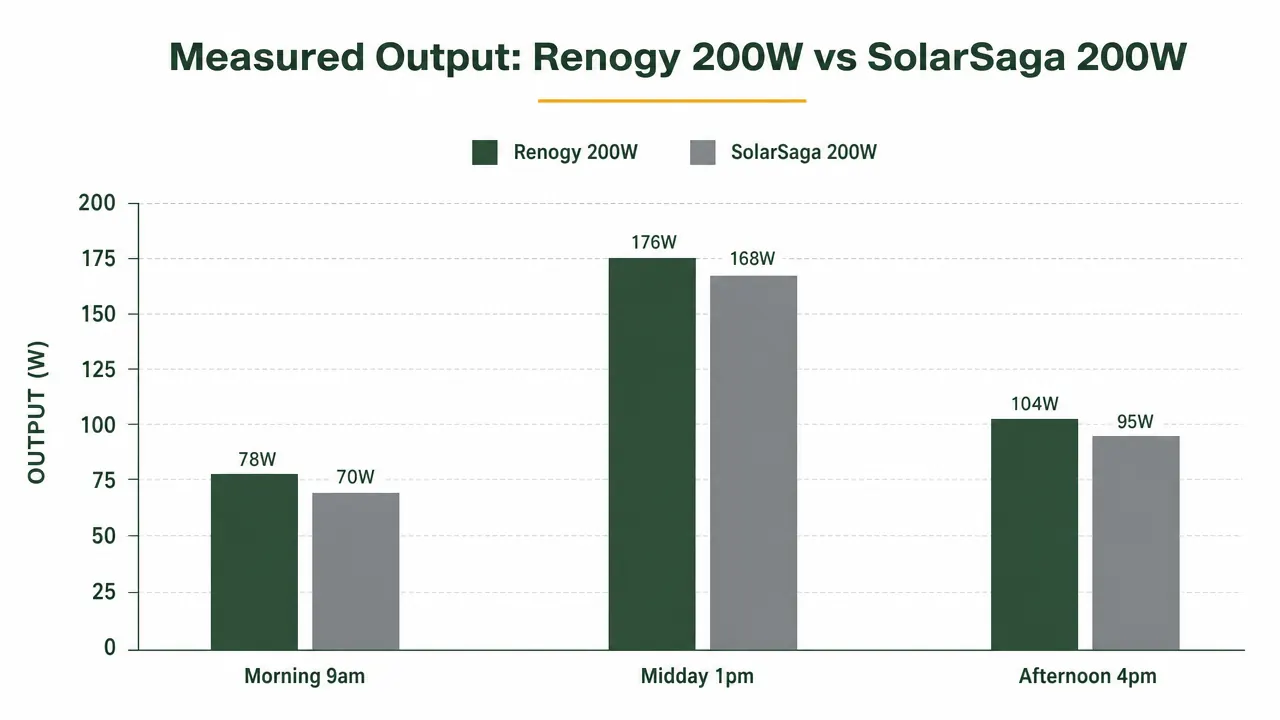 Bar chart comparing measured watt output of Renogy 200W versus SolarSaga 200W across morning, midday, and afternoon test windows